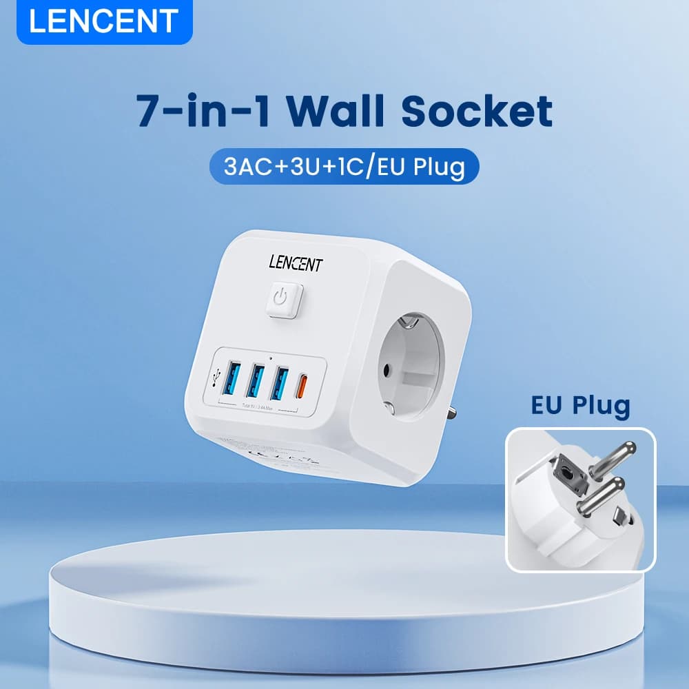 LENCENT EU Plug Power Strip with  3 AC Outlets +3 USB Charging Ports+ 1 Type C 5V 2.4A  Adapter 7-in-1 Plug Socket On/Off Switch